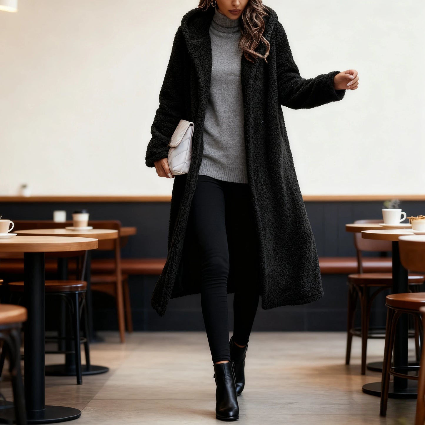 Hooded Coats Long Coat Women Work Turn Down Collar Warm Thick Work Trench Streetwear Elegant Jackets Open Stith Autumn Winter