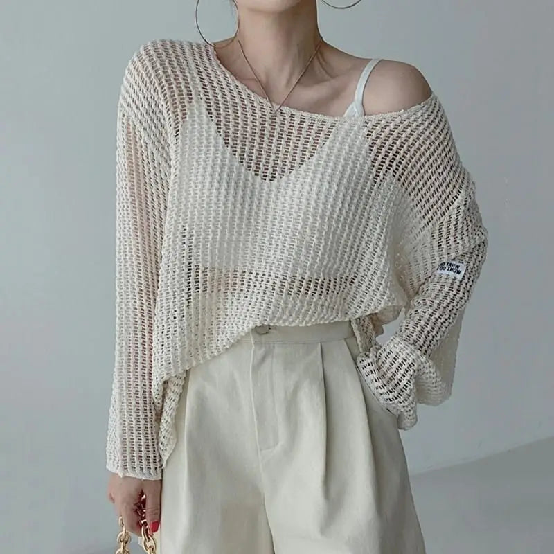 Hollow Out Pullovers Women Baggy O-neck Clothing Spring Casual Simple Elegant Vintage See-through Streetwear Lady Ulzzang Tender