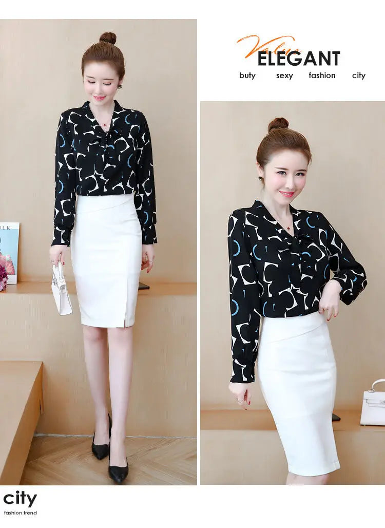 Fashion Female Elegant Bow Tie  pink Blouses Chiffon Collar Casual Shirt Office Ladies Blouse Summer Blouses for Women