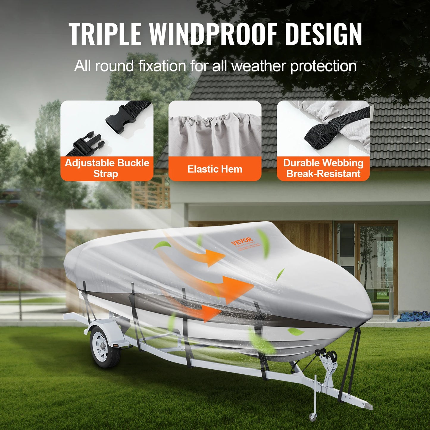 SucceBuy Boat Cover Trailerable Waterproof with Motor Cover Buckle Straps for V-Hull Tri-Hull Fish Ski Boat Runabout Bass Boat