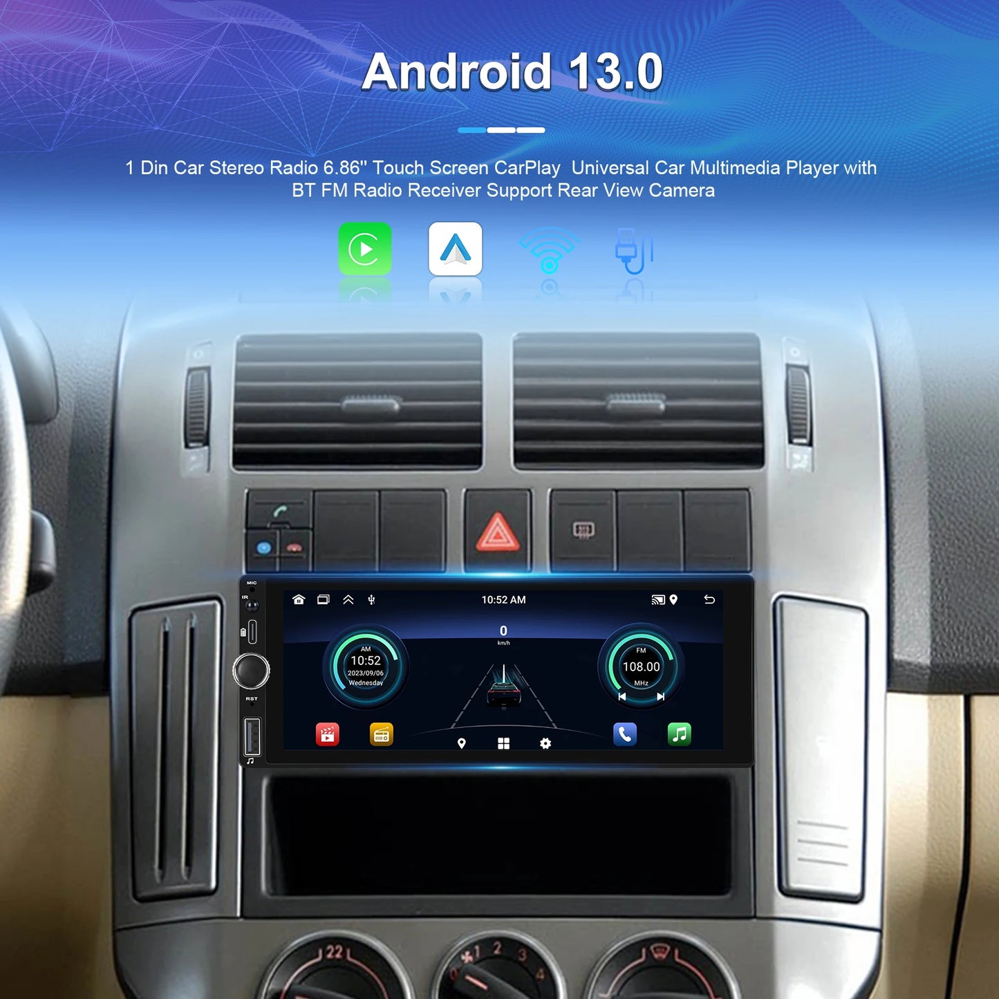 Hikity 2+64G Carplay Android 1din Car Radio Android Auto Stereo 6.86" GPS Navigation Player support FM WiFi USB Rear Camera