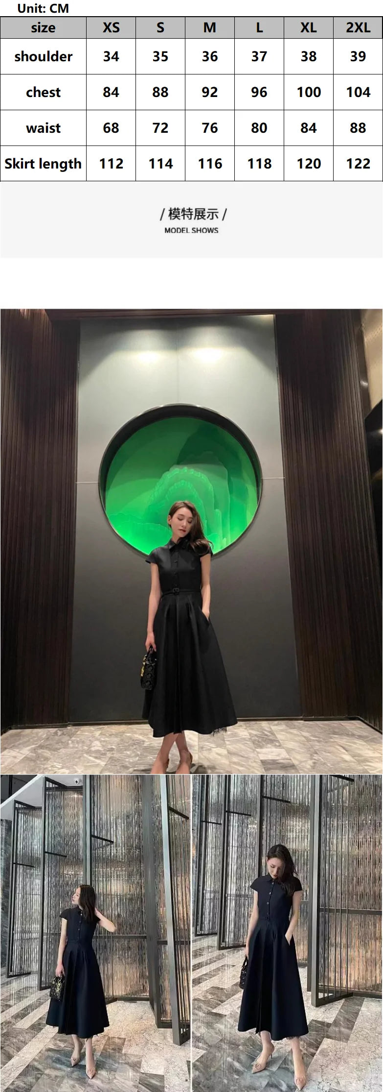 Ladies fashion French dress, Hepburn commuter dress, solid color short-sleeved umbrella dress, black short-sleeved shirtdress