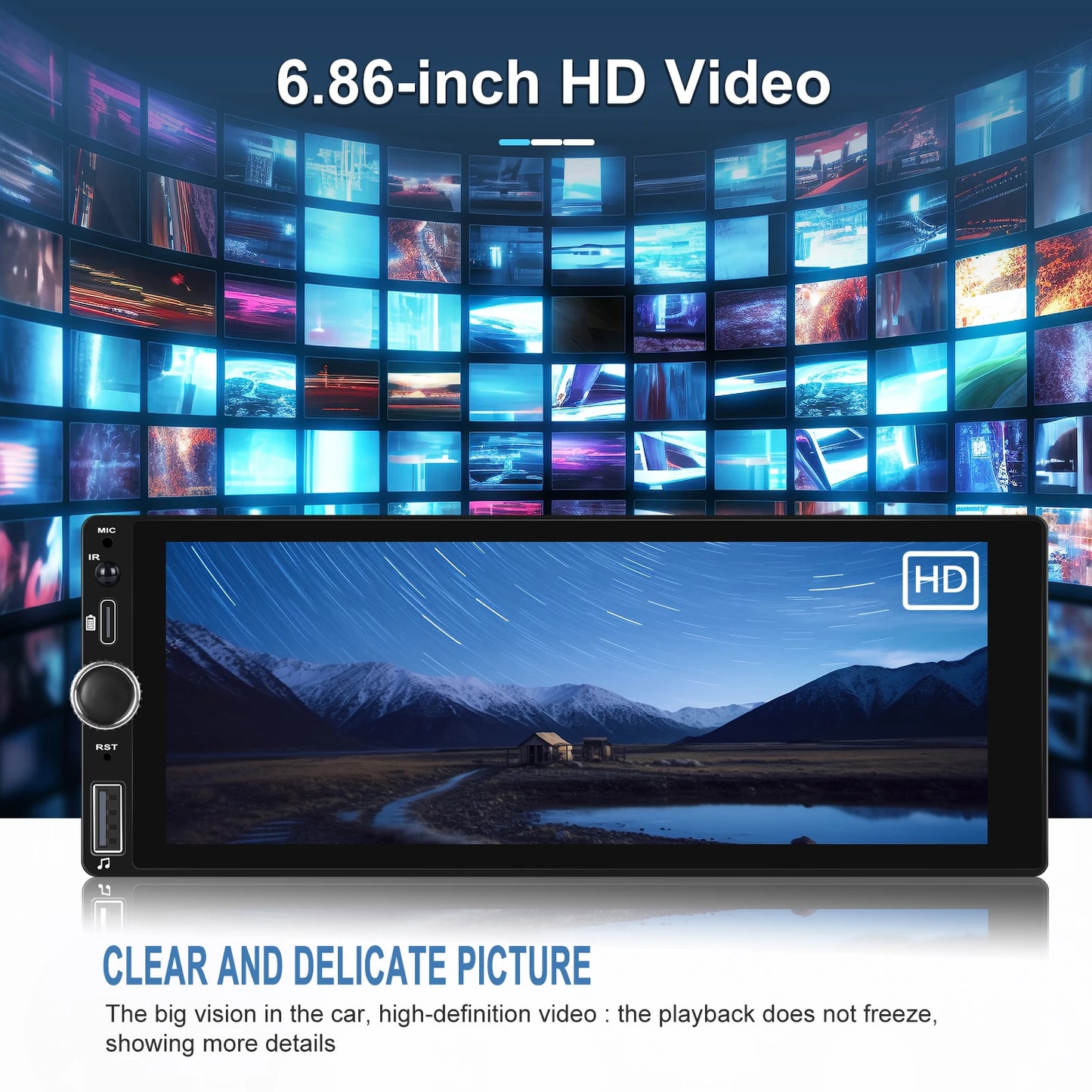 Hikity 2+64G Carplay Android 1din Car Radio Android Auto Stereo 6.86" GPS Navigation Player support FM WiFi USB Rear Camera