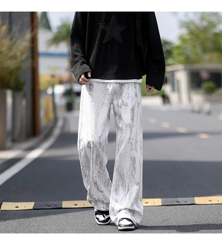 Jeans Mens Classic Straight Leg Jeans White Tie Dye Denim Pants Unisex Fashion Casual Trousers Streetwear Hip Hop Style Washed
