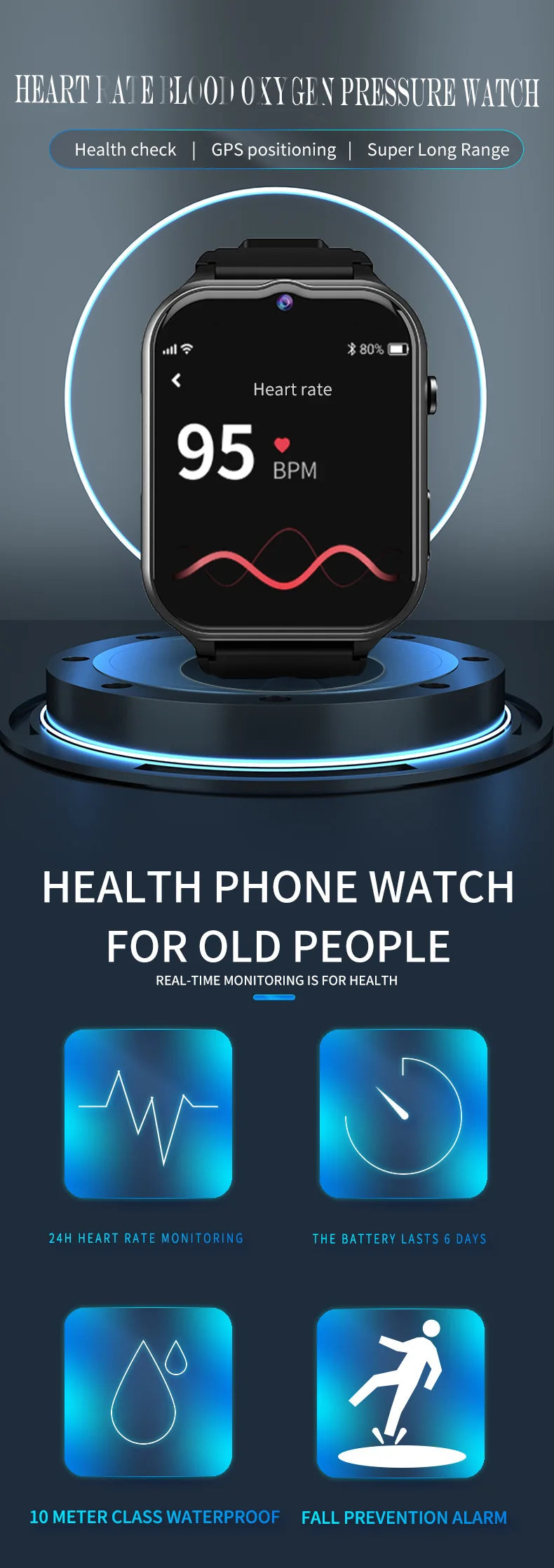 Smart Watch For Old People Elderly Smart Watch For Seniors Health Fall Detection Watch 4G Sim Card SOS Emergency Calls GPS GK8