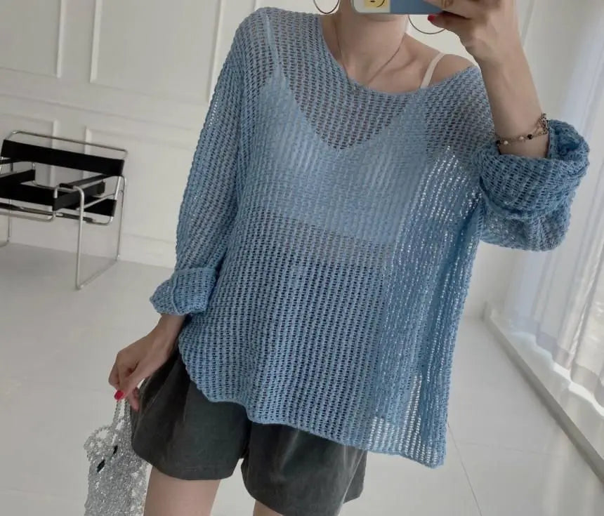 Hollow Out Pullovers Women Baggy O-neck Clothing Spring Casual Simple Elegant Vintage See-through Streetwear Lady Ulzzang Tender