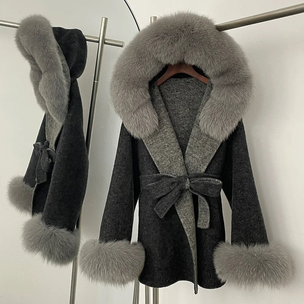 Real Fur Wool Coat Women Clothing Hooded Autumn Winter Commute Fur Coat 2025 Fashion Clothes Lady Raccoon Fur Woolen Jacket