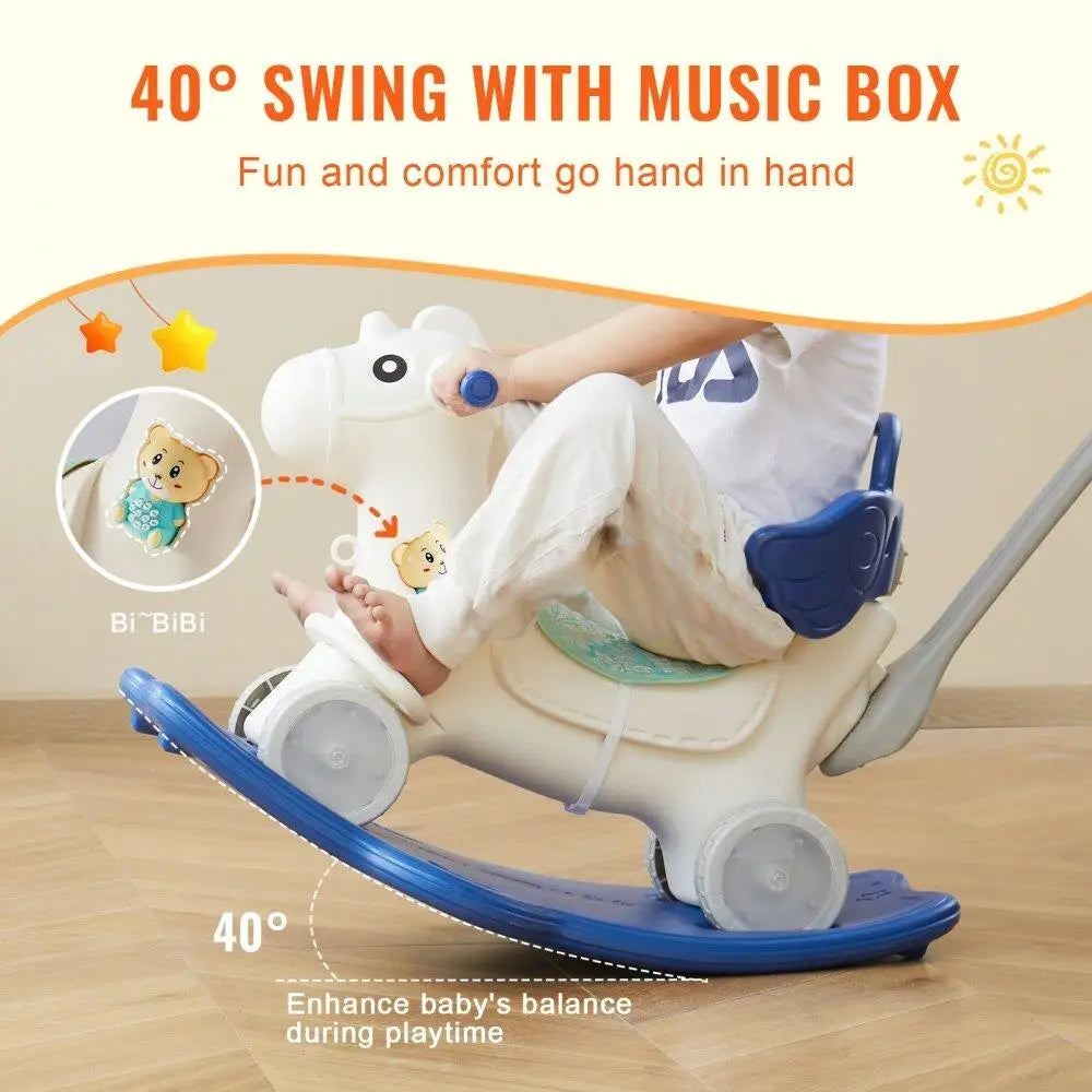 Toddler Rocking Horse for 1-3 Year Olds 4-in-1 Design Detachable Balance Board Push Handle Smooth Wheels with Sound Blue