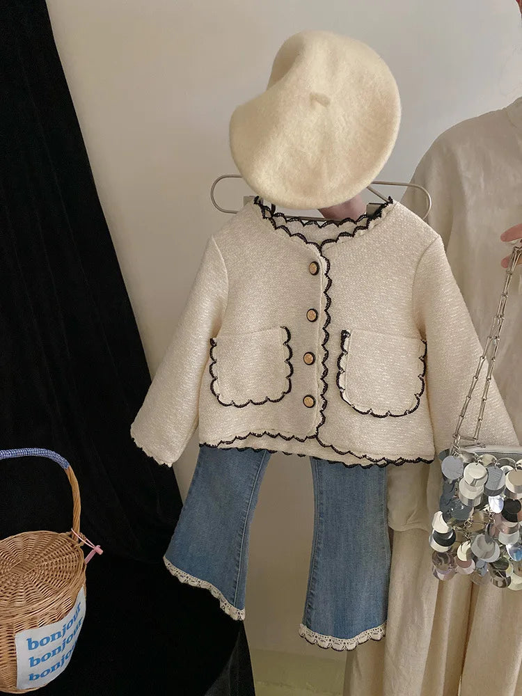 Coats Korean Childrens Clothing Autumn Season New Girls Open Stitch Lace Flower Edge Soild Sweet Versatile Style