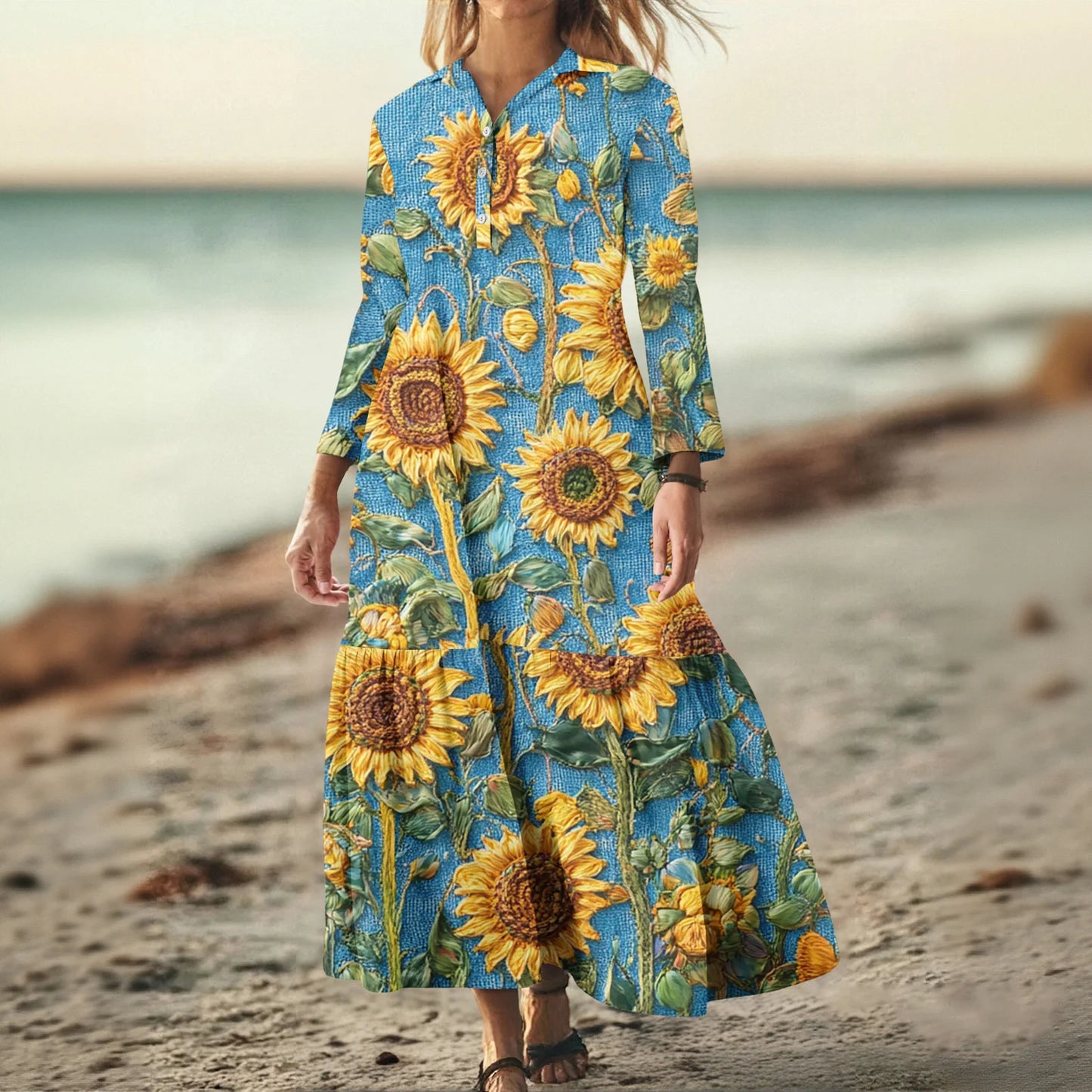 Ladies' Fashionable Temperament Autumn And Winter Button Lapel Long Sleeved Retro Printed Spring And Autumn Dress