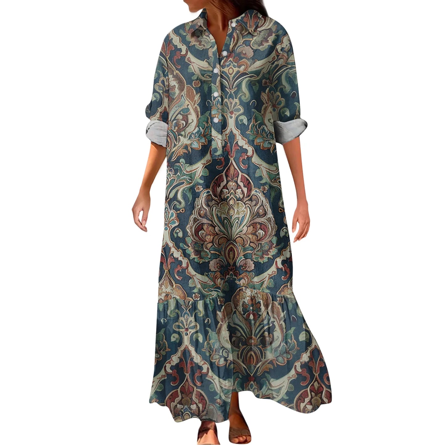 Ladies' Fashionable Temperament Autumn And Winter Button Lapel Long Sleeved Retro Printed Spring And Autumn Dress