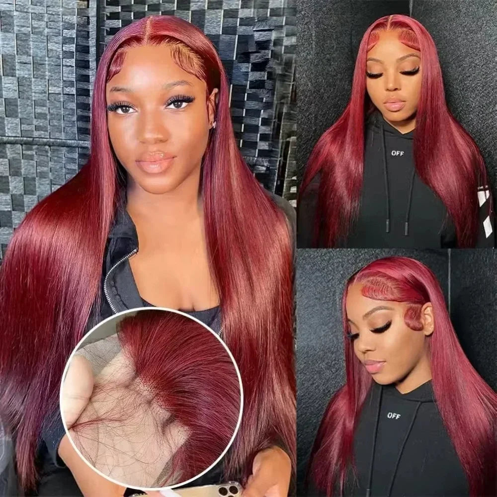 Straight Burgundy 99j Color Wig 180 Density Transparent Lace Frontal Human Hair Wig 13x6 Lace Frontal Human Wigs For Women
