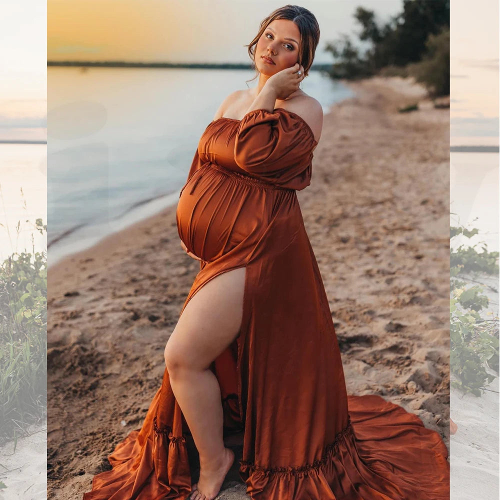 Maternity Gown Dress For Pregnancy Photo Shoot Props Gown for Baby Shower Gift Elegant Off Shoulder Side Split Satin Dress
