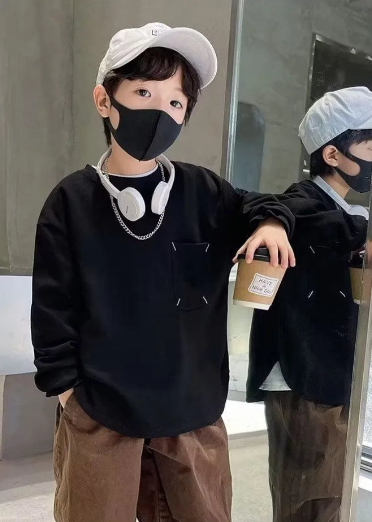Sweatshirt Boys' Long Sleeve T-Shirt Spring 2025 New Solid Color Simple Stylish Casual Big Kids Top for 6-8 Years Old