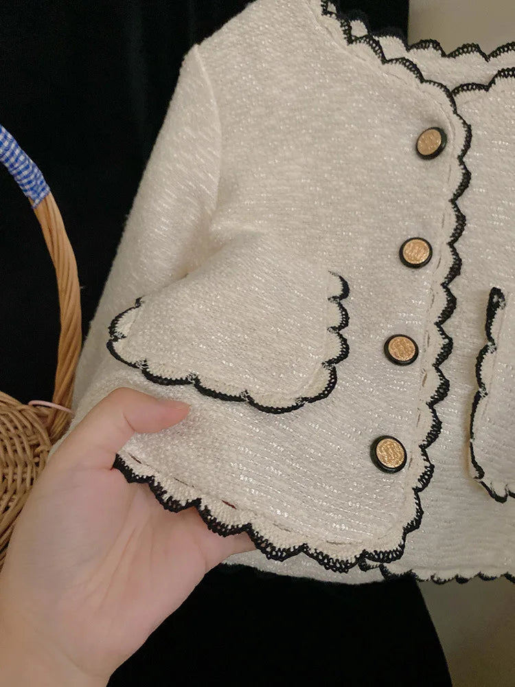 Coats Korean Childrens Clothing Autumn Season New Girls Open Stitch Lace Flower Edge Soild Sweet Versatile Style