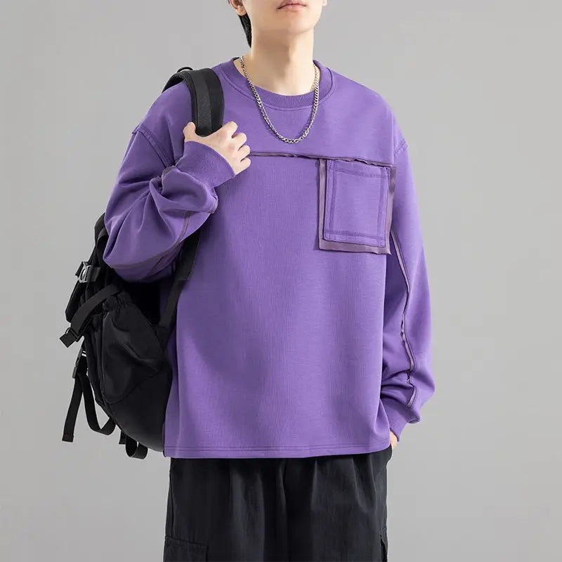 Sweatshirt Male Street Wear  Clothes American Casual Decorative Stitch Round Neck Long Sleeve Unisex Couple Autumn Fashion Top