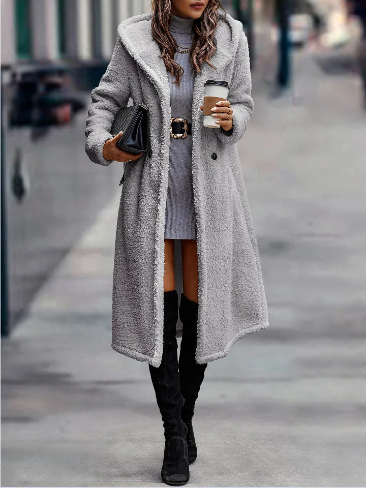 Hooded Coats Long Coat Women Work Turn Down Collar Warm Thick Work Trench Streetwear Elegant Jackets Open Stith Autumn Winter