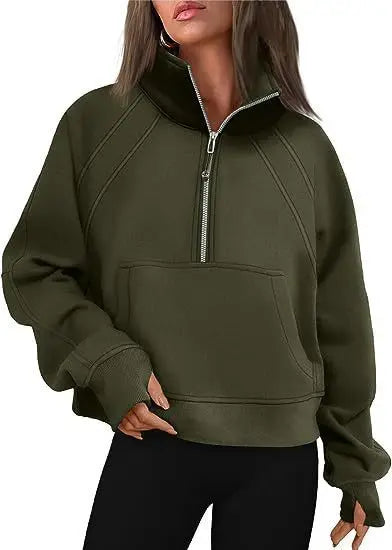 Women Sweatshirt  Stand Collar Spring Autumn Solid Color Hoodie Long Sleeve Pocket Loose Half Zip Sporty Pullover Streetwear Top