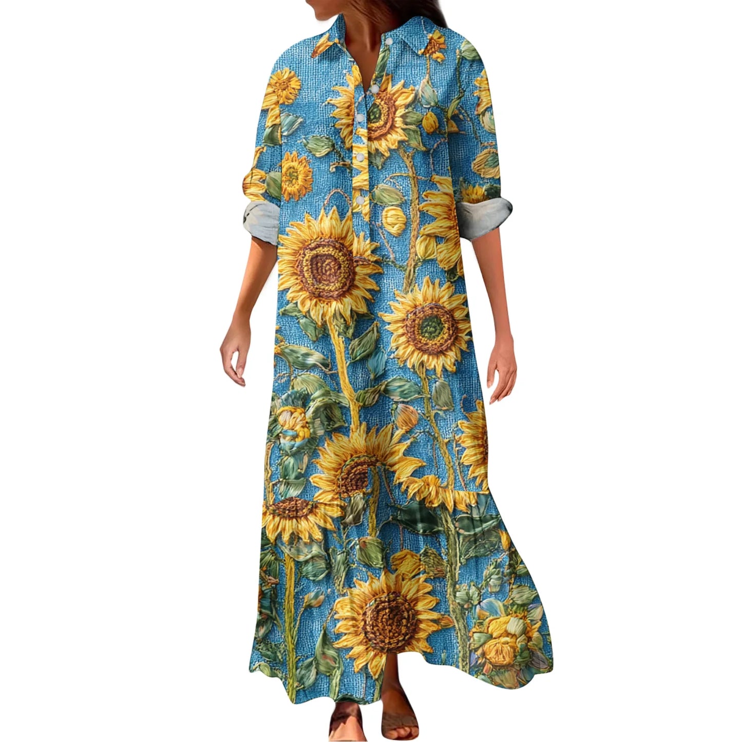 Ladies' Fashionable Temperament Autumn And Winter Button Lapel Long Sleeved Retro Printed Spring And Autumn Dress