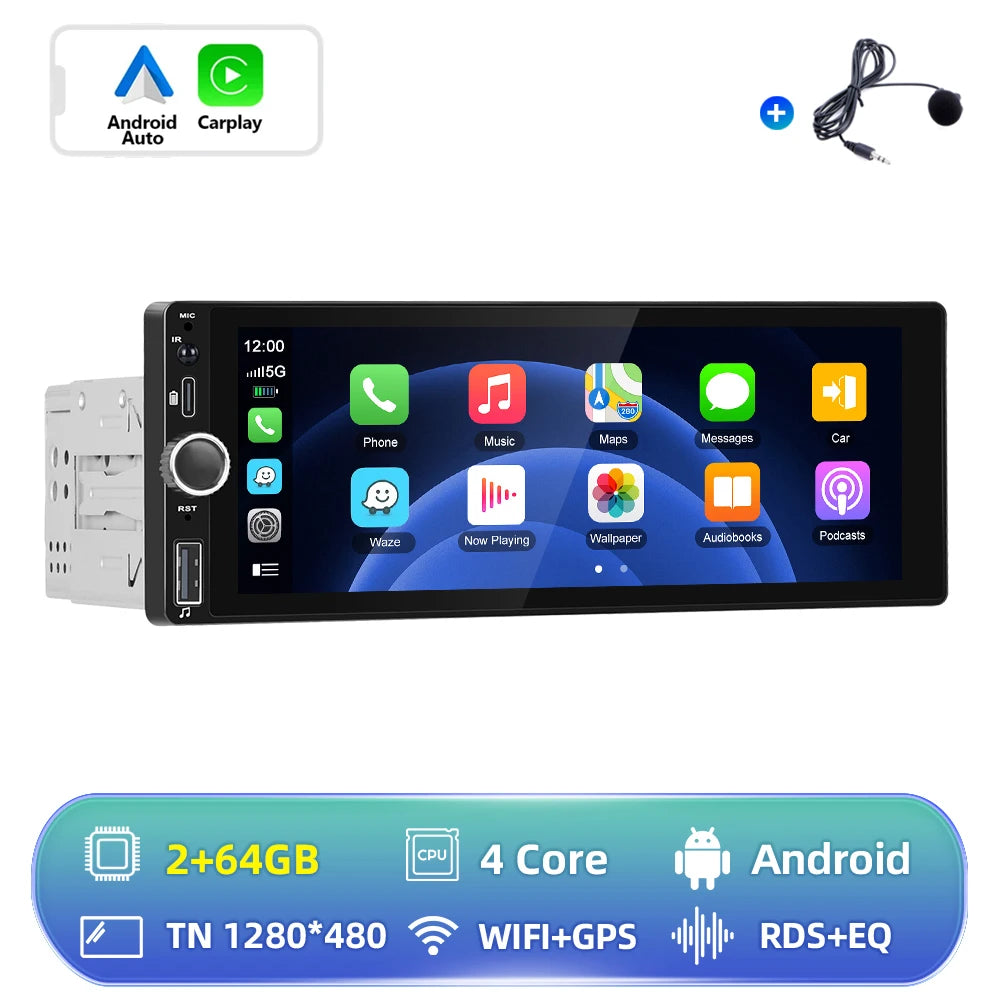 Hikity 2+64G Carplay Android 1din Car Radio Android Auto Stereo 6.86" GPS Navigation Player support FM WiFi USB Rear Camera