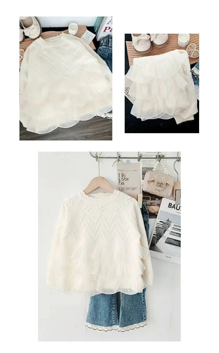 Sweaters Girls Sweater with Trendy Spring Autumn Korean Style Beautiful Lace White Top for Little Girls Princess Style 2025