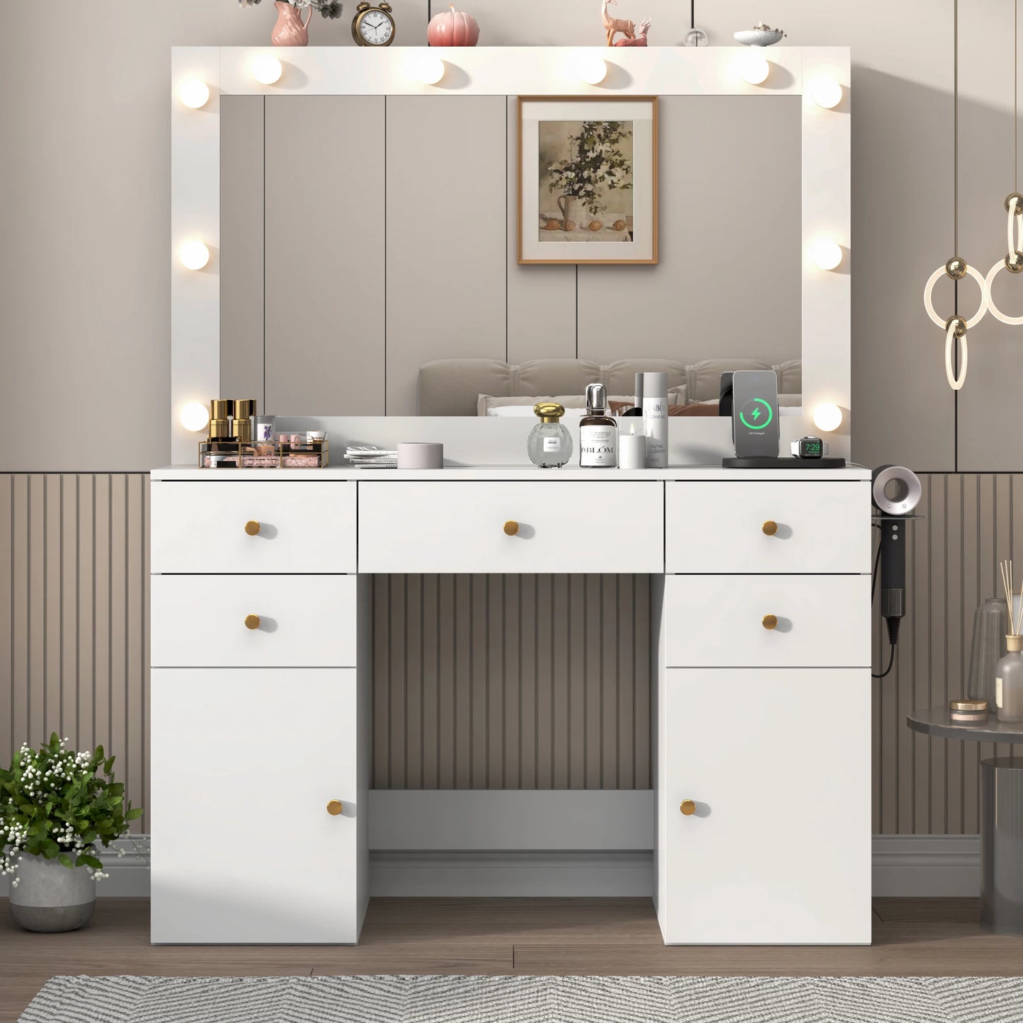 Large Vanity Desk with Lighted Mirror, Glass Top Makeup Vanity Table Set with 5 Drawers & 2 Cabinets & Stool, Power Outlet