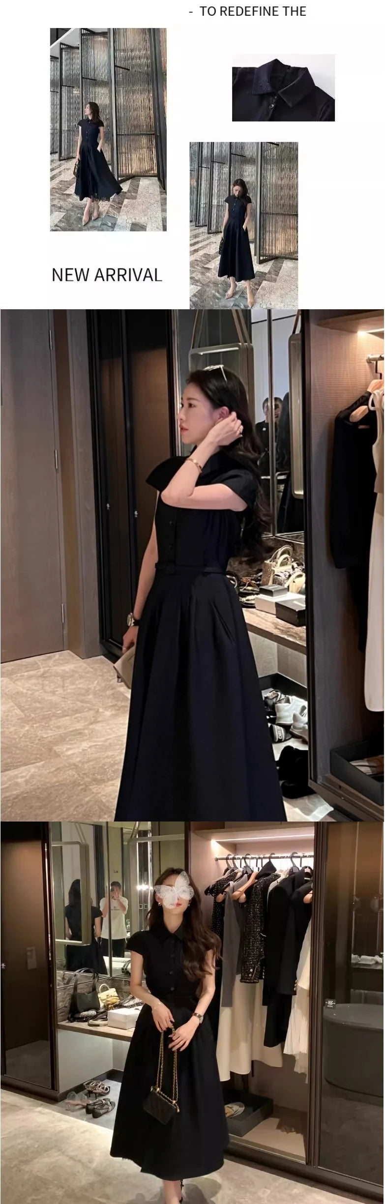 Ladies fashion French dress, Hepburn commuter dress, solid color short-sleeved umbrella dress, black short-sleeved shirtdress