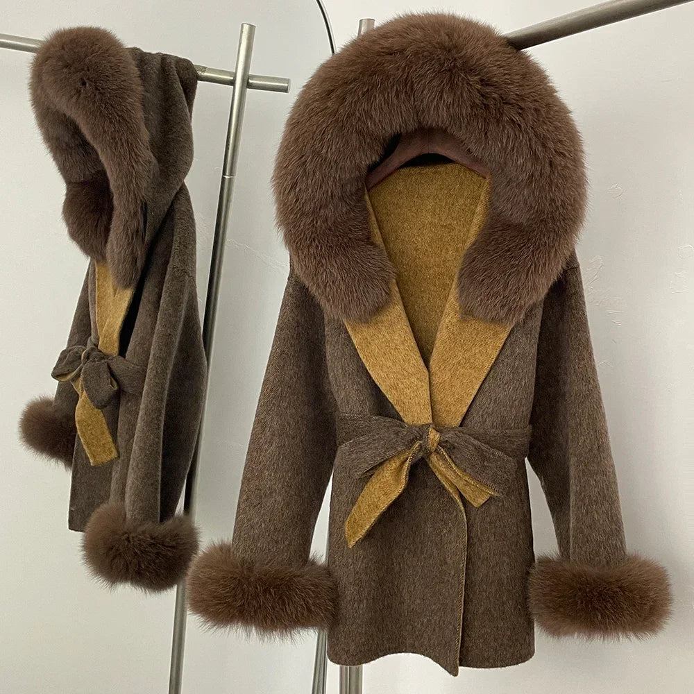 Real Fur Wool Coat Women Clothing Hooded Autumn Winter Commute Fur Coat 2025 Fashion Clothes Lady Raccoon Fur Woolen Jacket