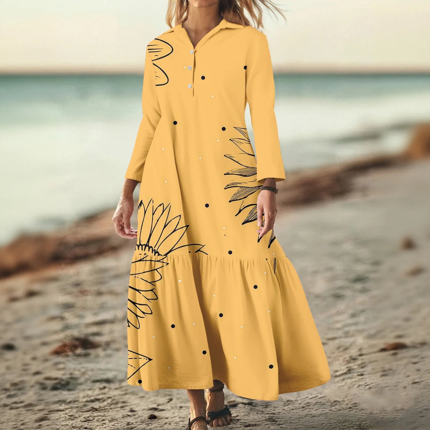 Ladies' Fashionable Temperament Autumn And Winter Button Lapel Long Sleeved Retro Printed Spring And Autumn Dress