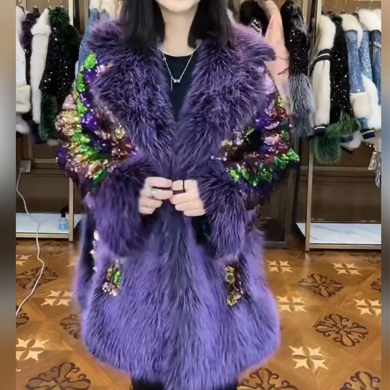 Fur Coat 2023 Winter Fashion Luxury Long Sleeve Toka Colorful Sequin Warm Fur Coat Jacket Oversized Thickened Coat Women