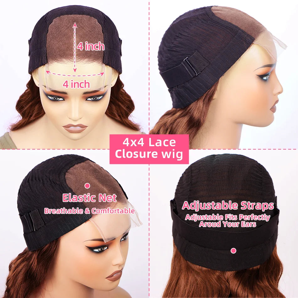 Chocolate Brown Colored Straight Lace Closure Wigs 4x4 Lace Closure Human Hair Wigs 200 Density Lace Wigs Baby Hair For Women