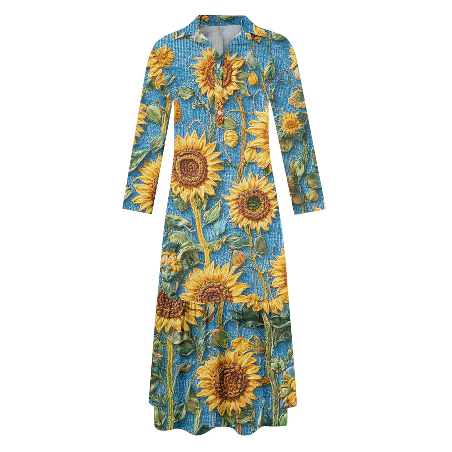 Ladies' Fashionable Temperament Autumn And Winter Button Lapel Long Sleeved Retro Printed Spring And Autumn Dress