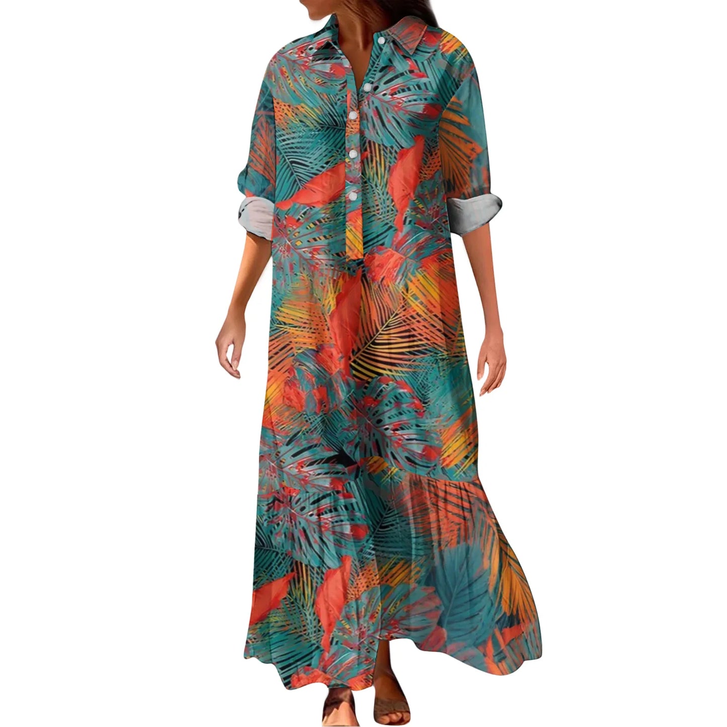Ladies' Fashionable Temperament Autumn And Winter Button Lapel Long Sleeved Retro Printed Spring And Autumn Dress