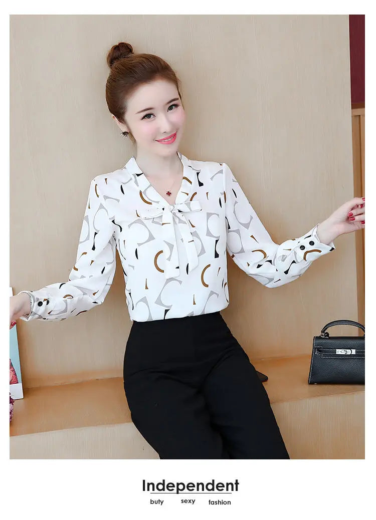 Fashion Female Elegant Bow Tie  pink Blouses Chiffon Collar Casual Shirt Office Ladies Blouse Summer Blouses for Women