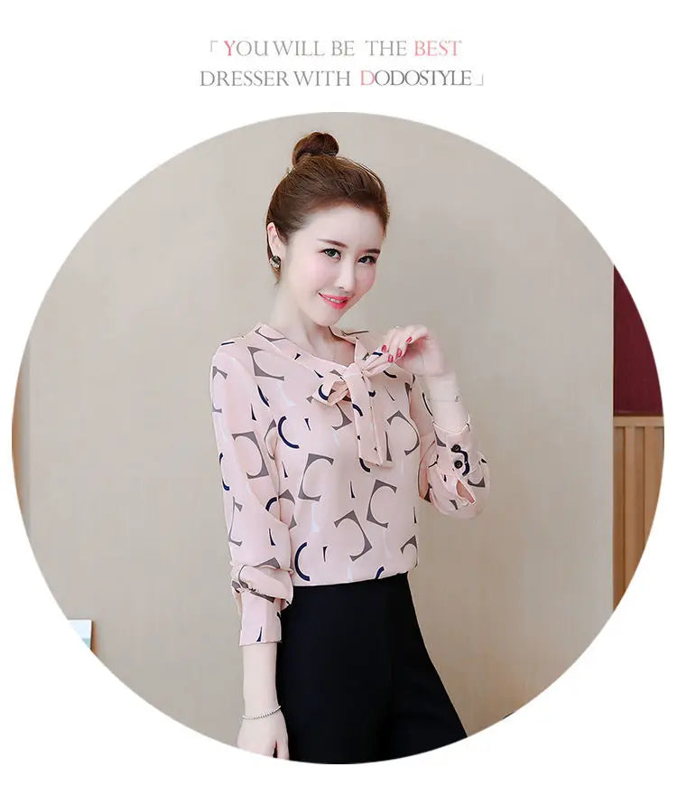 Fashion Female Elegant Bow Tie  pink Blouses Chiffon Collar Casual Shirt Office Ladies Blouse Summer Blouses for Women