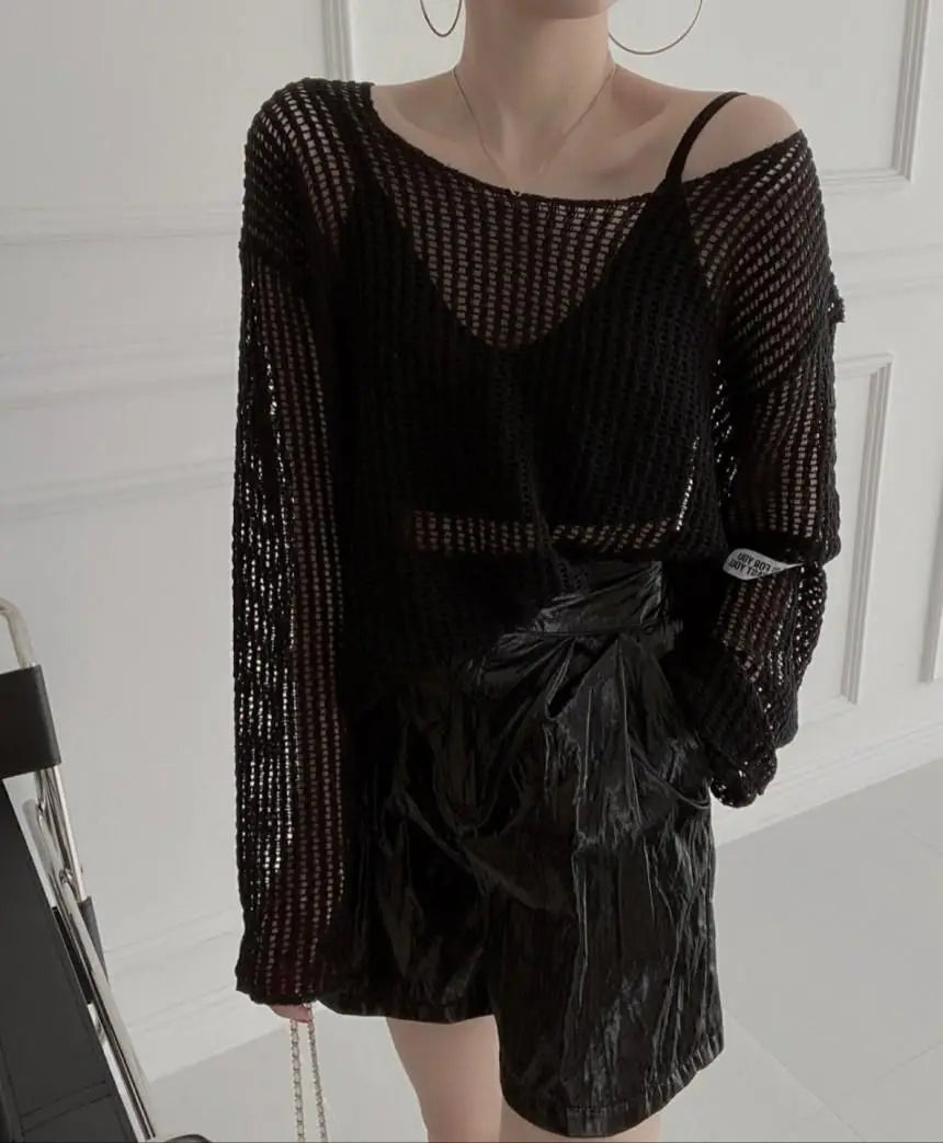 Hollow Out Pullovers Women Baggy O-neck Clothing Spring Casual Simple Elegant Vintage See-through Streetwear Lady Ulzzang Tender