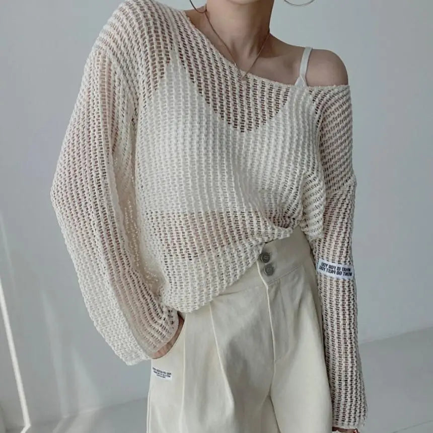 Hollow Out Pullovers Women Baggy O-neck Clothing Spring Casual Simple Elegant Vintage See-through Streetwear Lady Ulzzang Tender