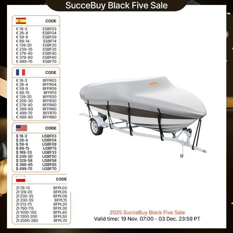 SucceBuy Boat Cover Trailerable Waterproof with Motor Cover Buckle Straps for V-Hull Tri-Hull Fish Ski Boat Runabout Bass Boat