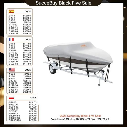 SucceBuy Boat Cover Trailerable Waterproof with Motor Cover Buckle Straps for V-Hull Tri-Hull Fish Ski Boat Runabout Bass Boat