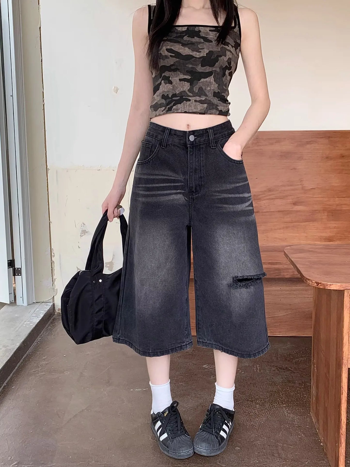 Jeans Woman 7-point Pants Summer Clothes Baggy Jorts Women's Wide Pants Shoujo Girl Style Coquette Jean Shorts High Waist Jeans