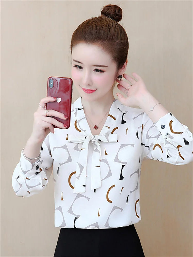 Fashion Female Elegant Bow Tie  pink Blouses Chiffon Collar Casual Shirt Office Ladies Blouse Summer Blouses for Women