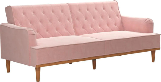 Stella 80 Inch Futon Sofa Bed In Velvet Fabric, Modern Upholstered Couch Sleeper With Button Tufted Back And Wood Trim, Pink