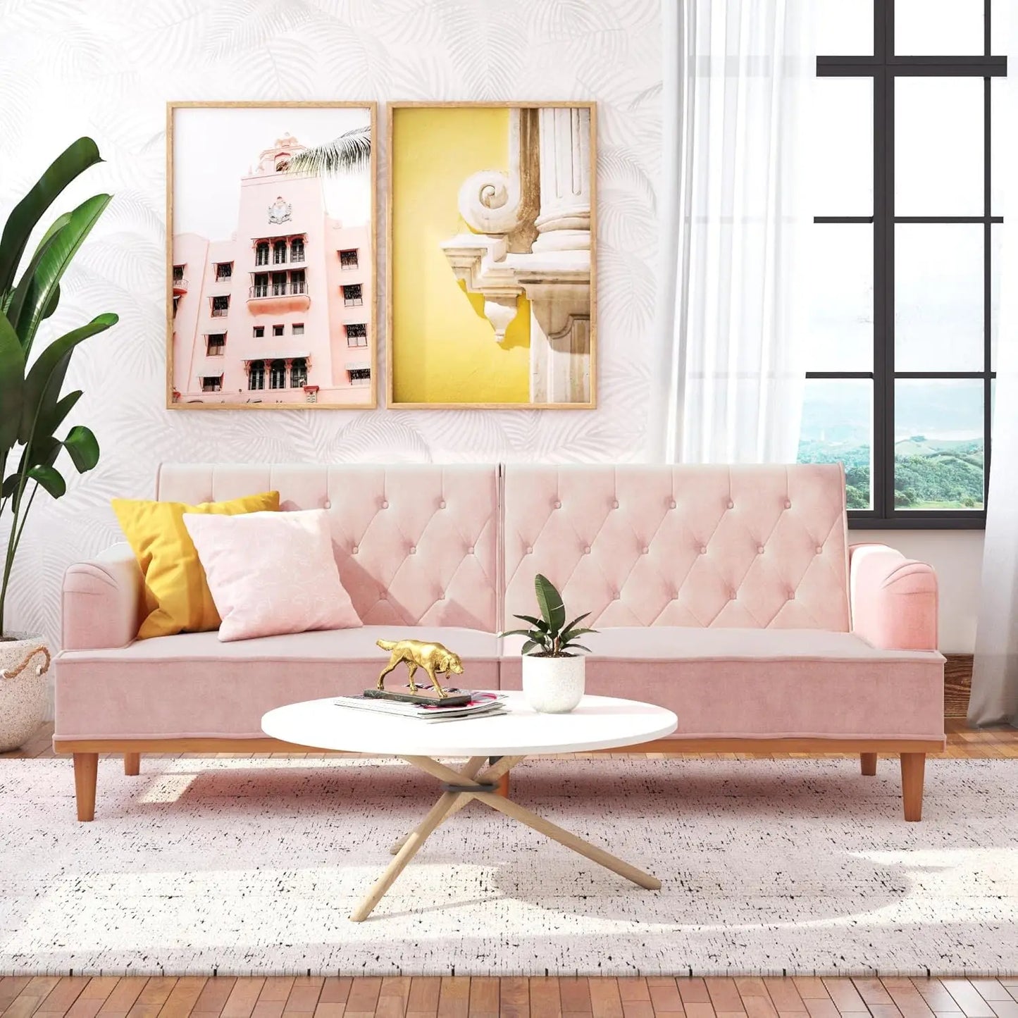 Stella 80 Inch Futon Sofa Bed In Velvet Fabric, Modern Upholstered Couch Sleeper With Button Tufted Back And Wood Trim, Pink