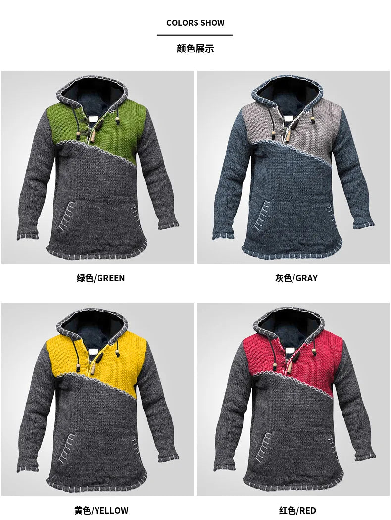 Pullovers Men Sweatshirts Sweaters Pockets Casual Loose Splice Hooded Knitted Drawstring Regular Thick Tops Autumn Winter