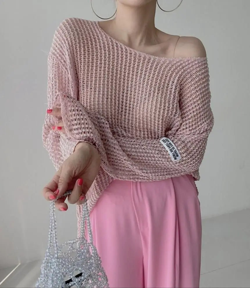 Hollow Out Pullovers Women Baggy O-neck Clothing Spring Casual Simple Elegant Vintage See-through Streetwear Lady Ulzzang Tender