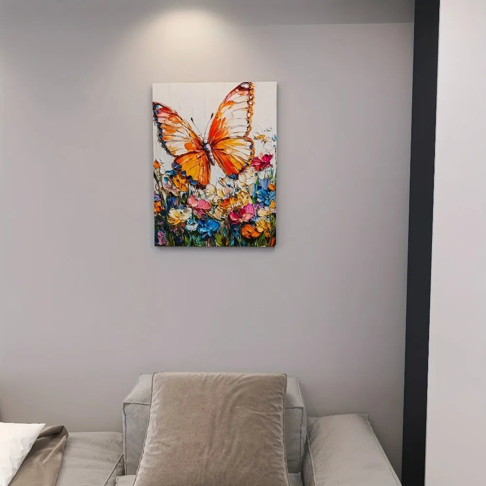 Vibrant butterfly and floral canvas art for bedroom, living room, home office, 1.5 inch thick pine solid wood frame