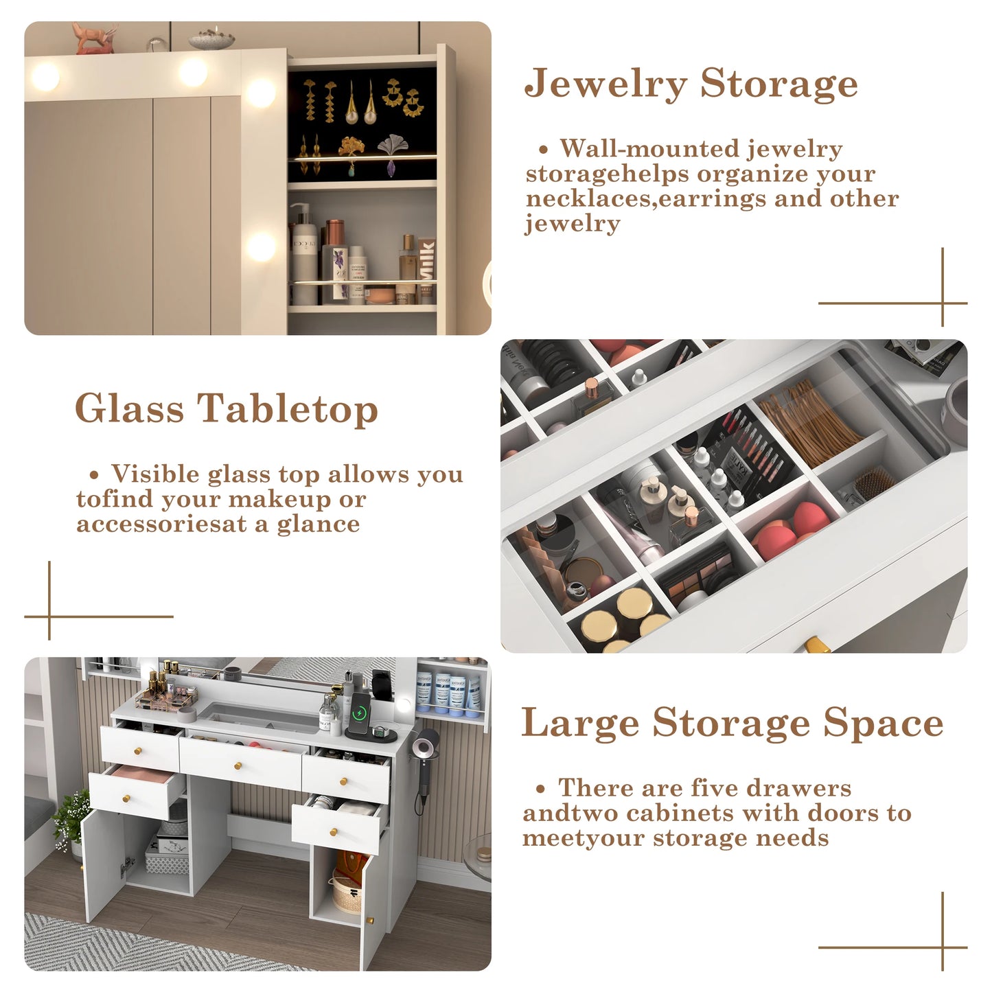 Large Vanity Desk with Lighted Mirror, Glass Top Makeup Vanity Table Set with 5 Drawers & 2 Cabinets & Stool, Power Outlet
