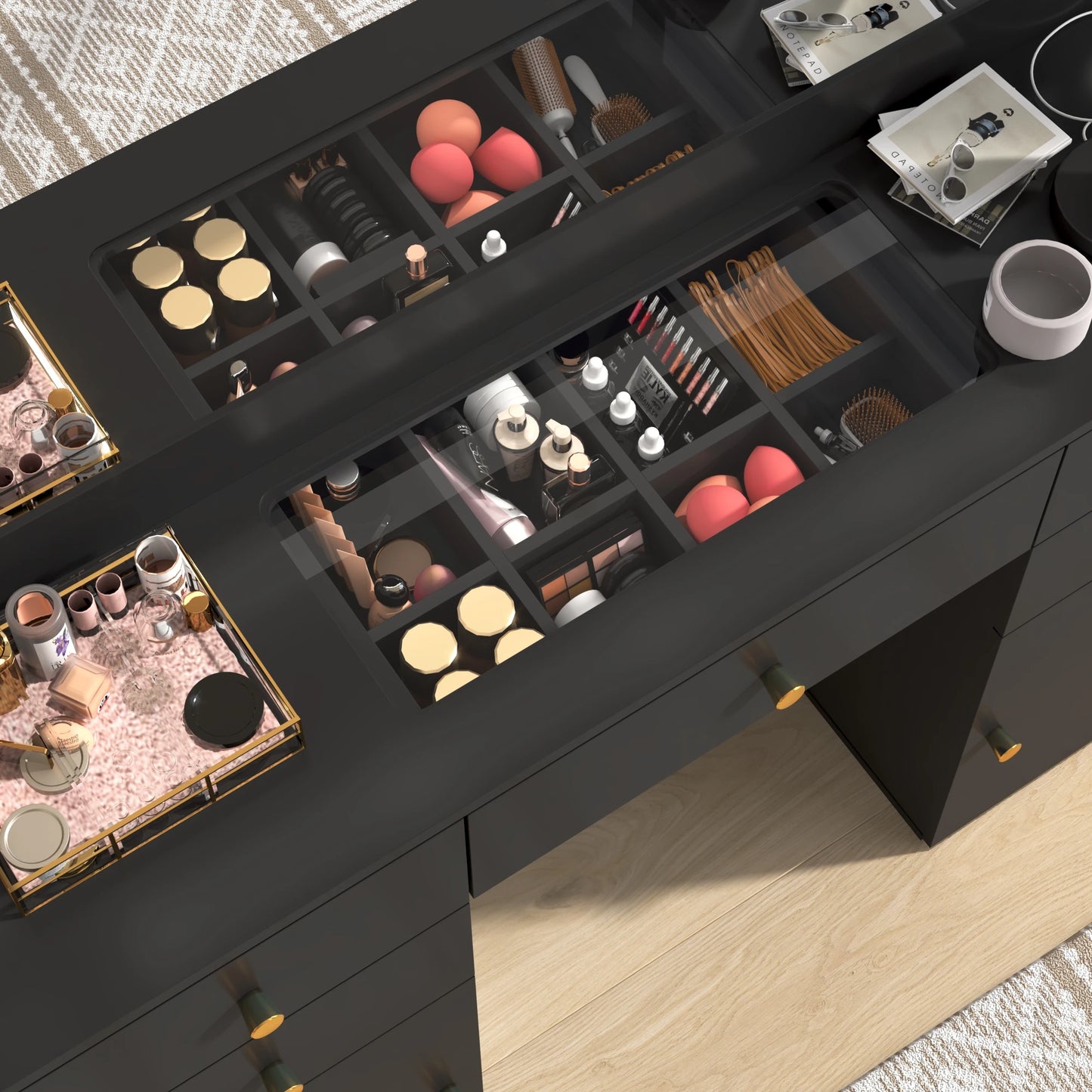Large Vanity Desk with Lighted Mirror, Glass Top Makeup Vanity Table Set with 5 Drawers & 2 Cabinets & Stool, Power Outlet