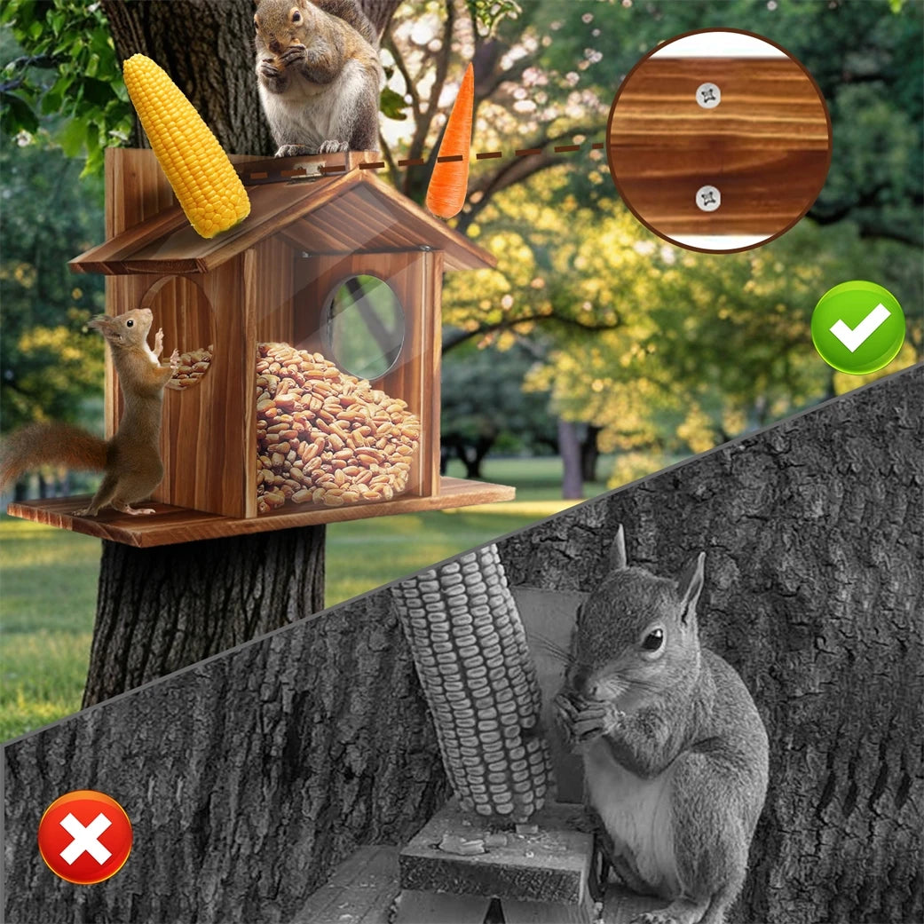 Bingopaw Wood Squirrel Feeder Outside Winter Wooden Chipmunk Feeder Corn Peanuts