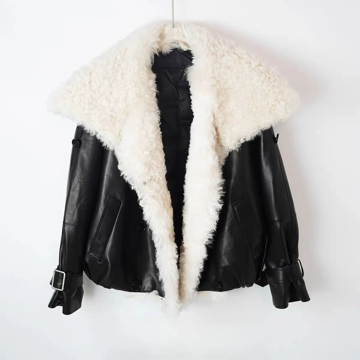 Winter in Coats & Jackets for Women 2025 Genuine Leather Jacket Female Large Wool Lapel Stylish Motorcycle Warm Short Coat With